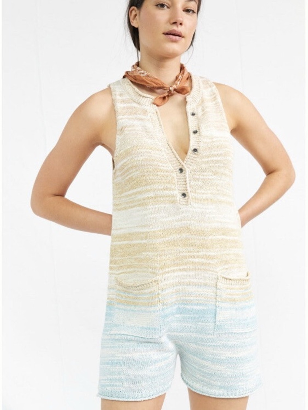 Daily Practice Anthropologie Sleeveless Knit Romper in Beige and Blue